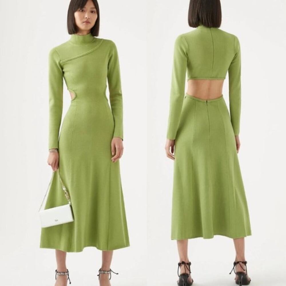 Aje Amelie Spring Green Cut Out Long Sleeve Knit Mock Neck Midi Dress Sz Medium
